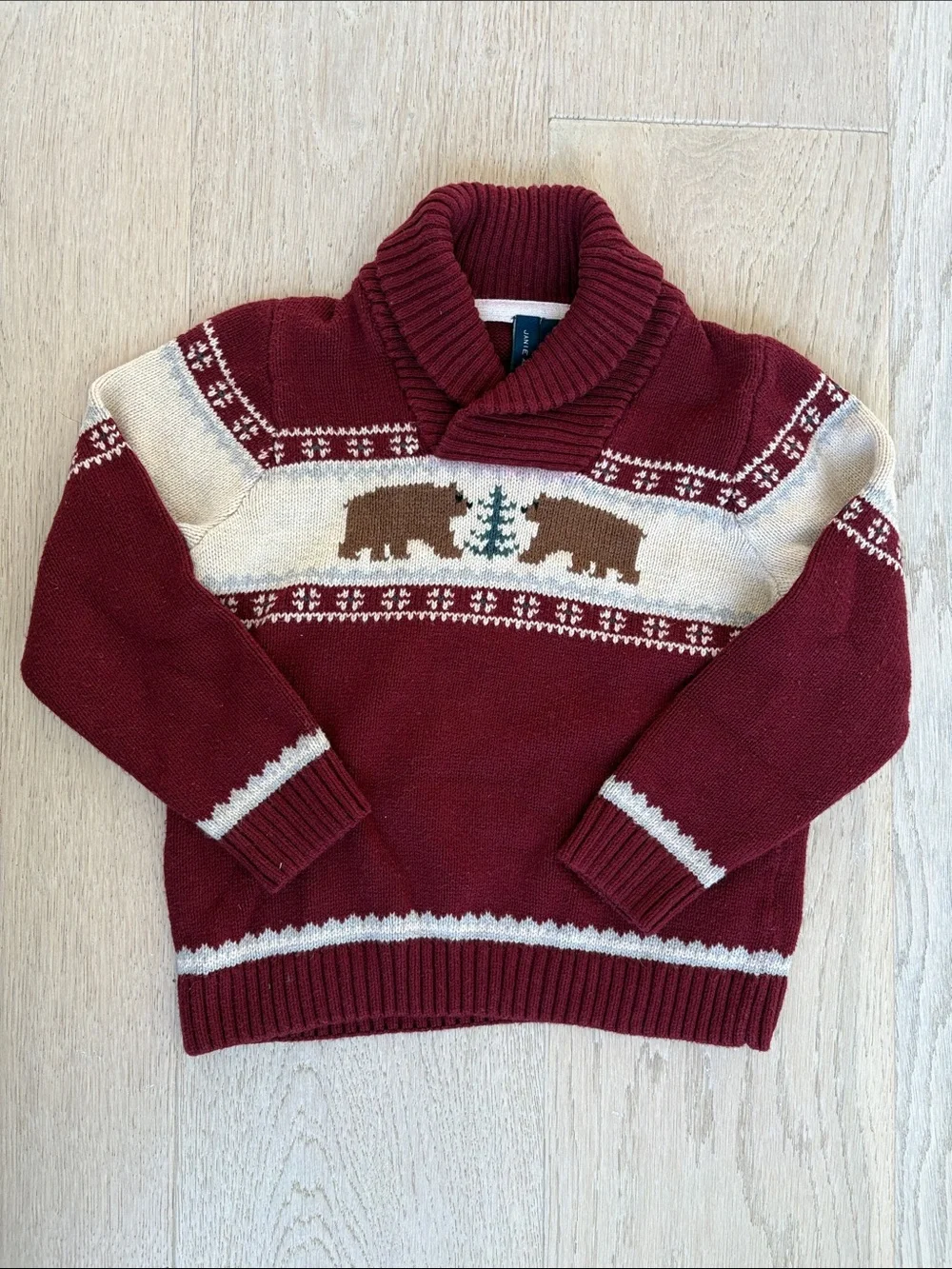 Janie and Jack Maroon Shawl Collar Bear Motif Sweater